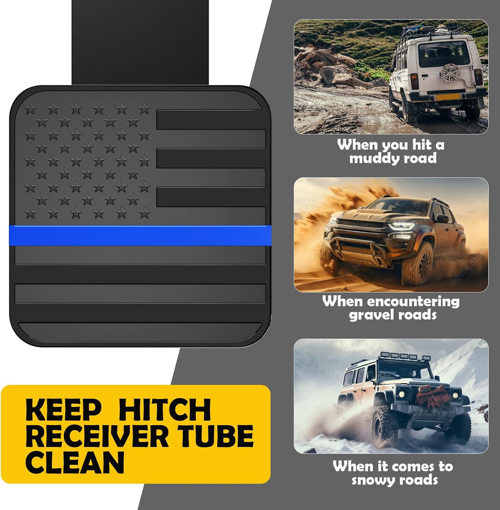 OGYE 2 Inch Trailer Hitch Cover with American Flag, Metal Trailer Hitch Cover Fit for 2 Inch Hitch Receivers Class 3 4 5,2'' Rubber Hitch Tube Cover Plug Cap (Black&Thin Blue line)