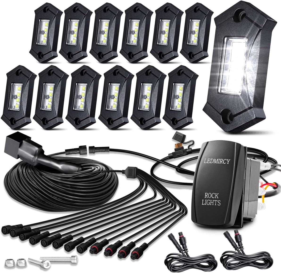 LEDMIRCY R3 Pure White Rock Lights Kit with Rocker Switch Wire Harness 12PCS LED Rock Lights White for Offroad Trucks ATV UTV SUV Underglow Light High Power Trail Rig Light Under Body