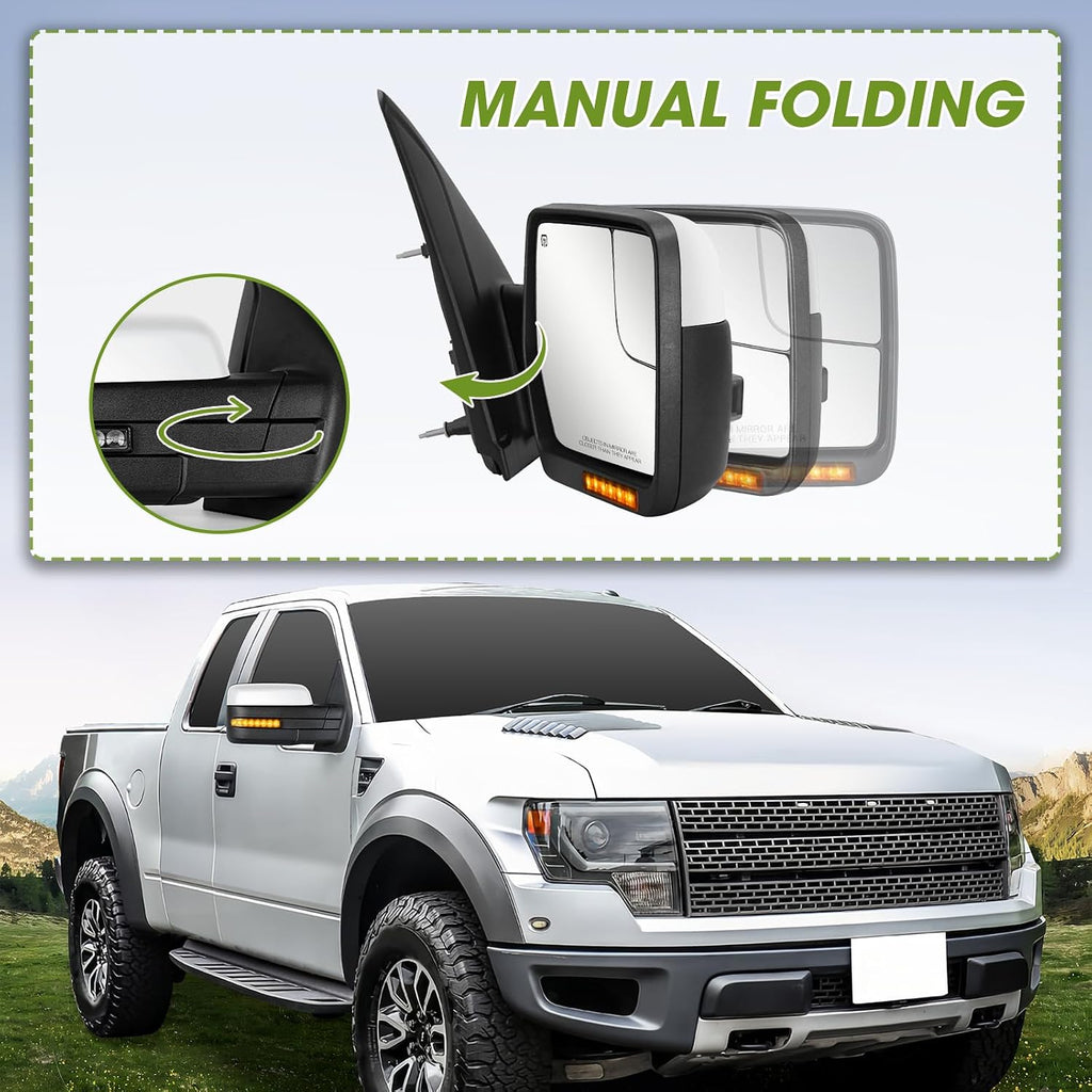 Side Mirrors for 2004-2014 Ford F-150 with Dynamic Turn Signal Puddle Light Heated Power Glass Manual Folding Tow Mirrors- Pair(Painted White)