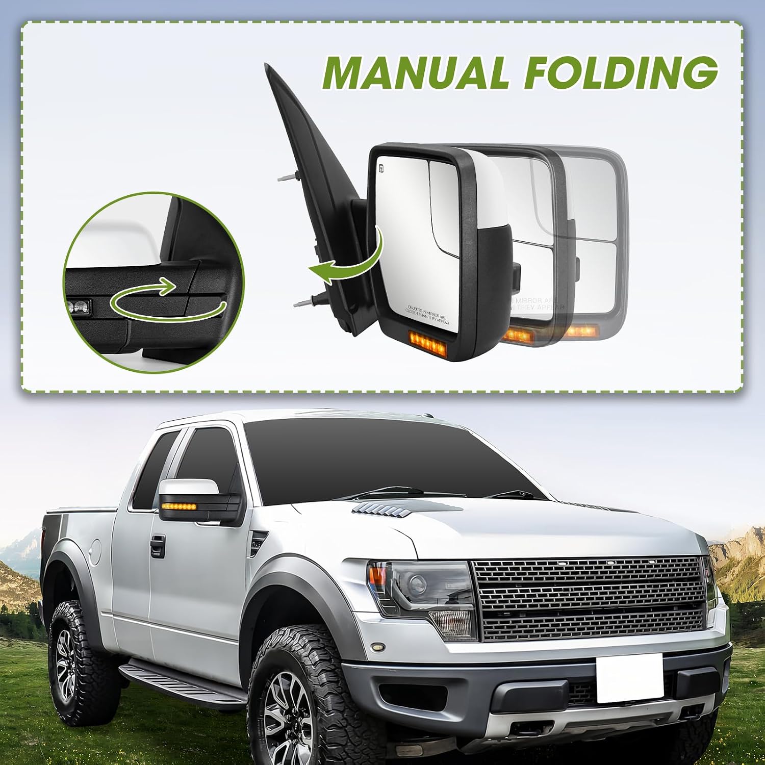 Side Mirrors for 2004-2014 Ford F-150 with Dynamic Turn Signal Puddle Light Heated Power Glass Manual Folding Tow Mirrors- Pair(Painted White)