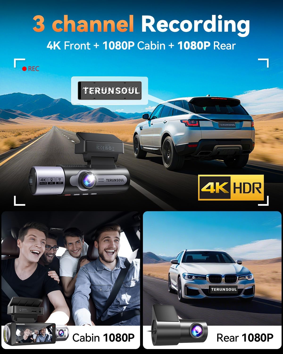 4k dash cam front and rear, full hd shown in use