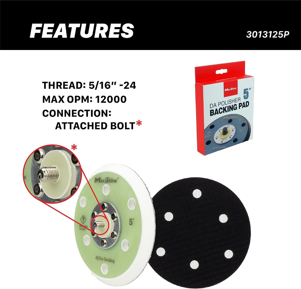Maxshine 5" Universal Hook & Loop Dual Action Backing Plate – Fits DA Polishers with 5/16" Thread – Supports Up to 12,000 OPM – Compatible with M8S V2 & High-Speed DA Polishers
