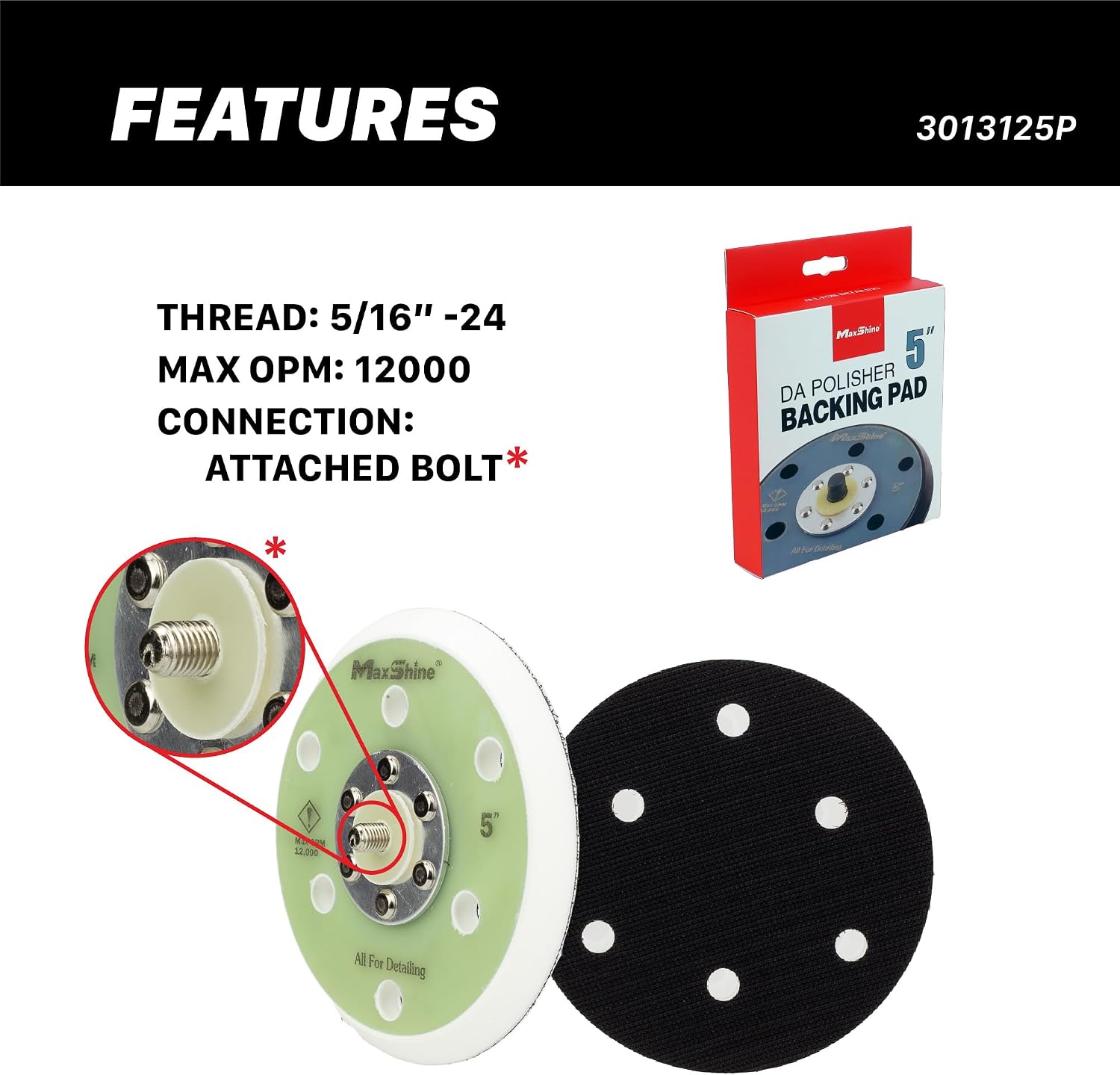 Maxshine 5" Universal Hook & Loop Dual Action Backing Plate – Fits DA Polishers with 5/16" Thread – Supports Up to 12,000 OPM – Compatible with M8S V2 & High-Speed DA Polishers