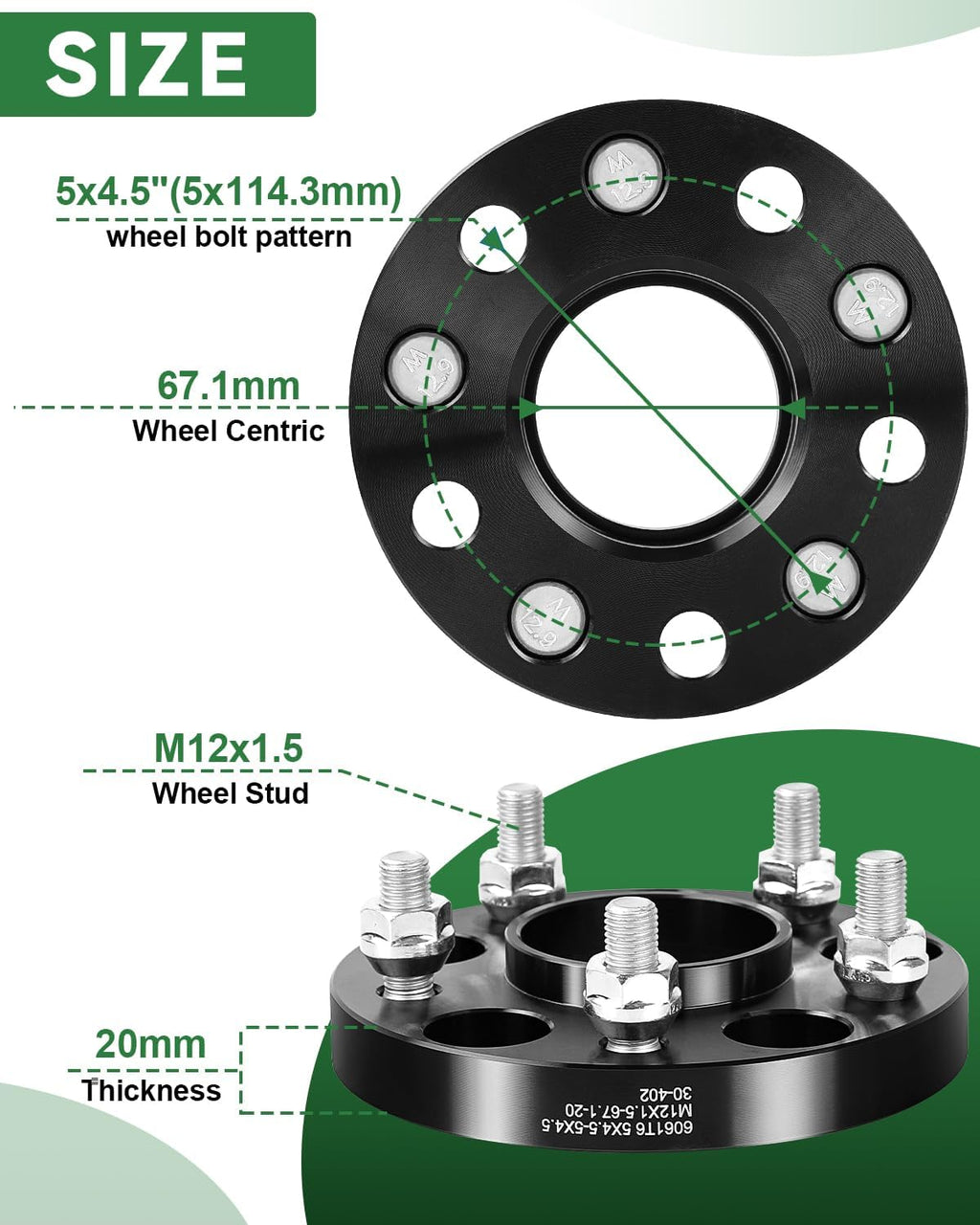 20mm 5x4.5 Hub Centric Wheel Spacers 67.1mm Hub Bore, 12x1.5 Studs 5x114.3 Forged Wheel Spacers Black Set of 4 for Hyundai Mazda Kia Ford Jeep Mitsubishi