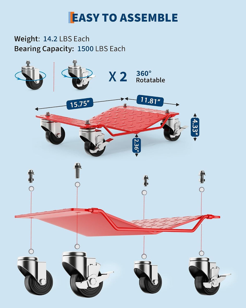 2 Pack 3000lbs Car Wheel Dolly with Brakes, Heavy Duty Vehicle Skates for Effortless Moving of Cars, Trucks, Trailers, Motorcycles, Garage Tools, Red