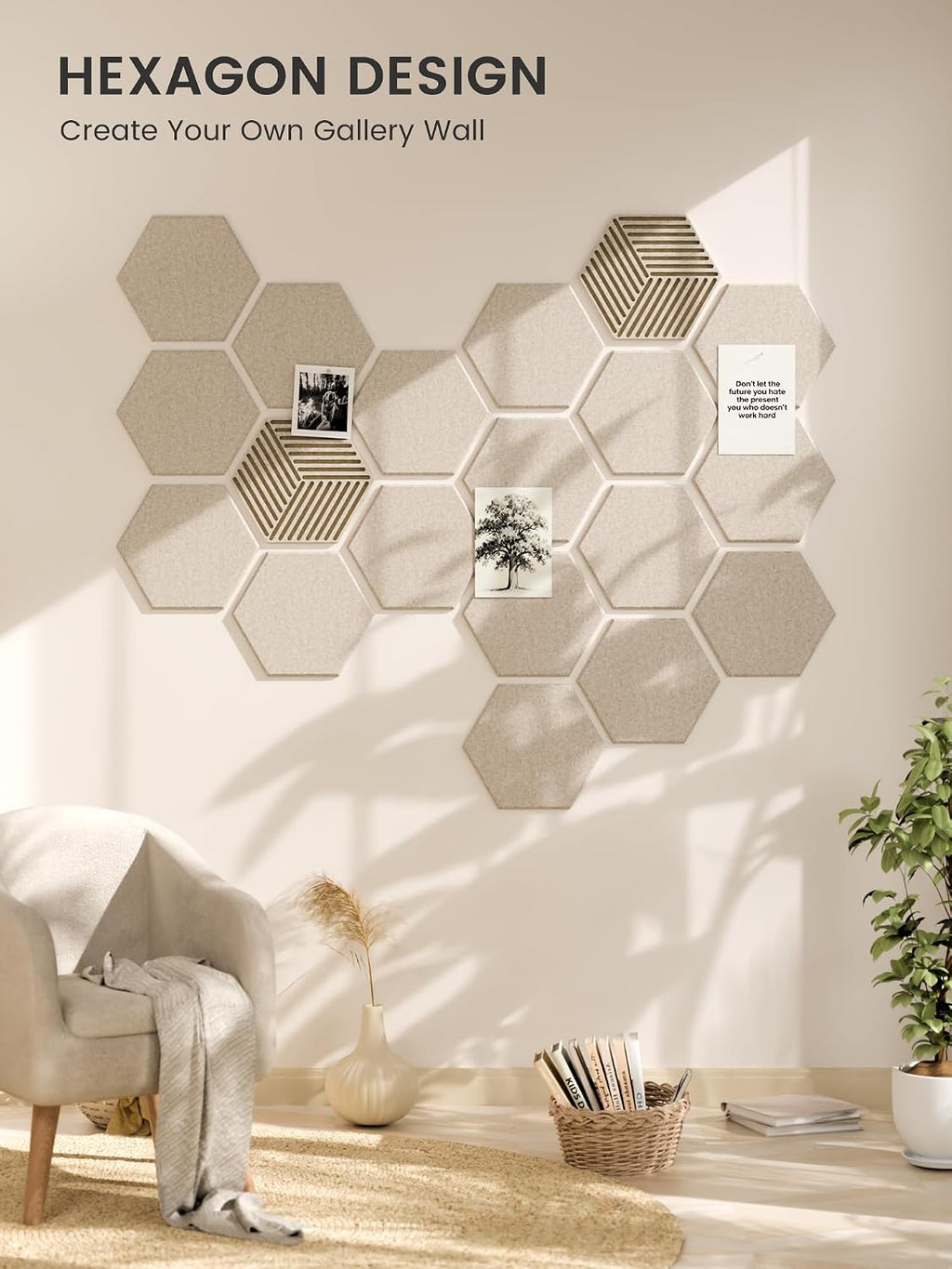 fluxynara 10-pack hexagon felt bulletin board tiles, oatmeal on a desk or shelf