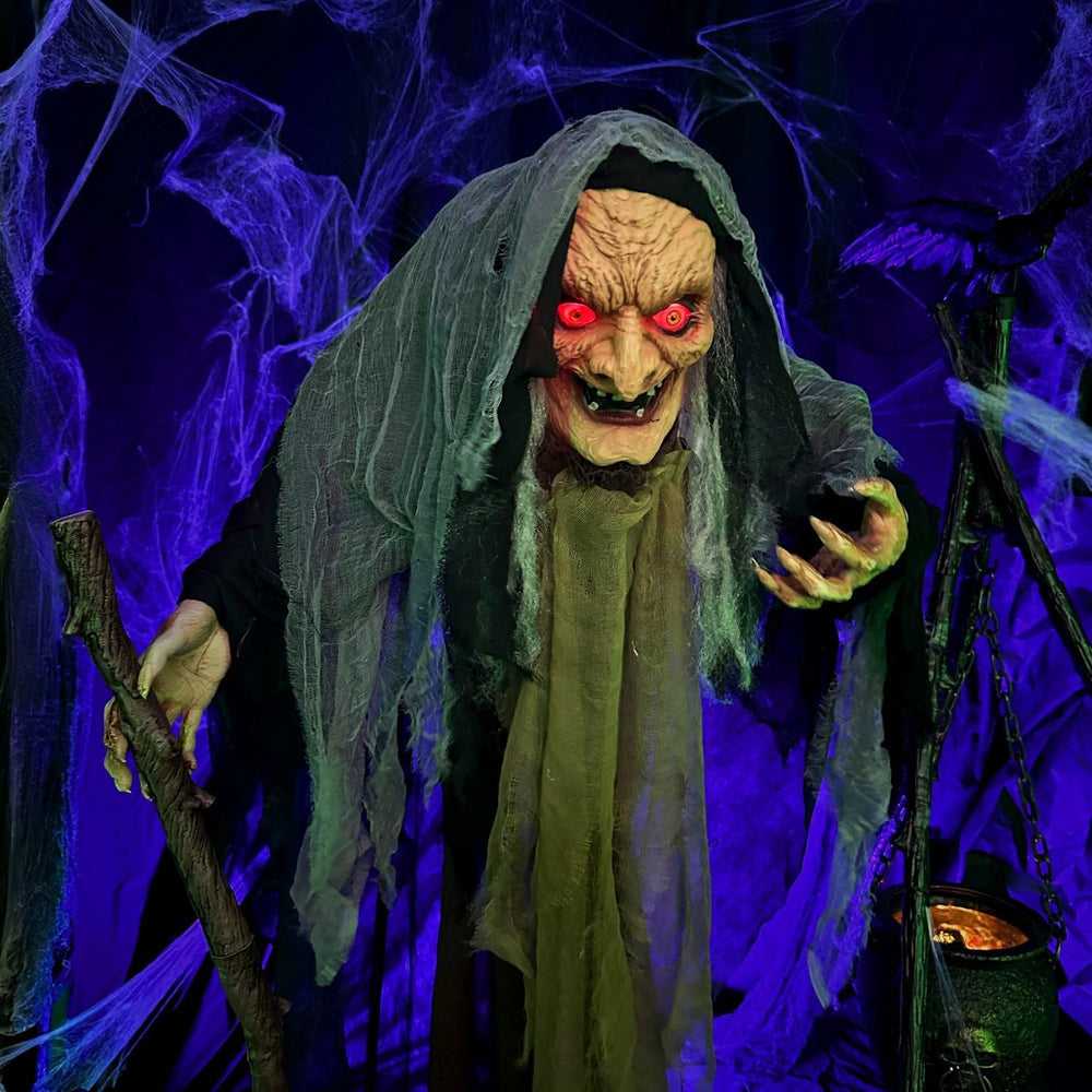 Haunted Hill Farm Life-Size Scary Poseable Talking Witch, Halloween Animatron...