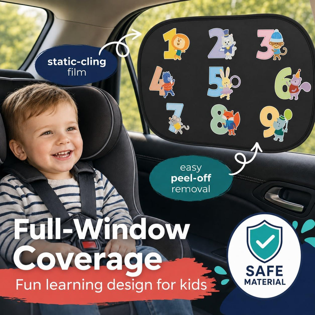 Car Window Shade for Baby Kids, 2 Pack Cartoon Animal Side Window Sun Shades, UV Protection Baby Car Window Shades for Sun Glare, Heat & Travel Comfort (Numbers)