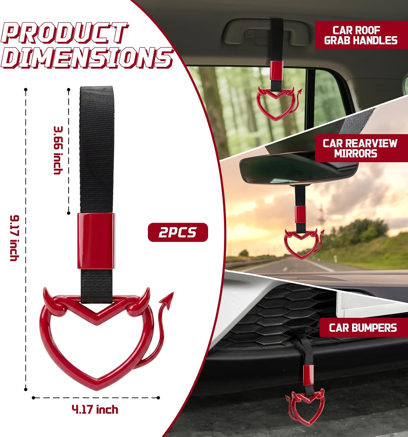 2 Pcs Devil Heart Shaped Car Handle Strap – JD M Drift Charm Rear Bumper Warning Ring Decor for Car Interior Exterior, Subway Bus Handle Accessory, Cute Heart Car Decor Gift (Red-Tail)