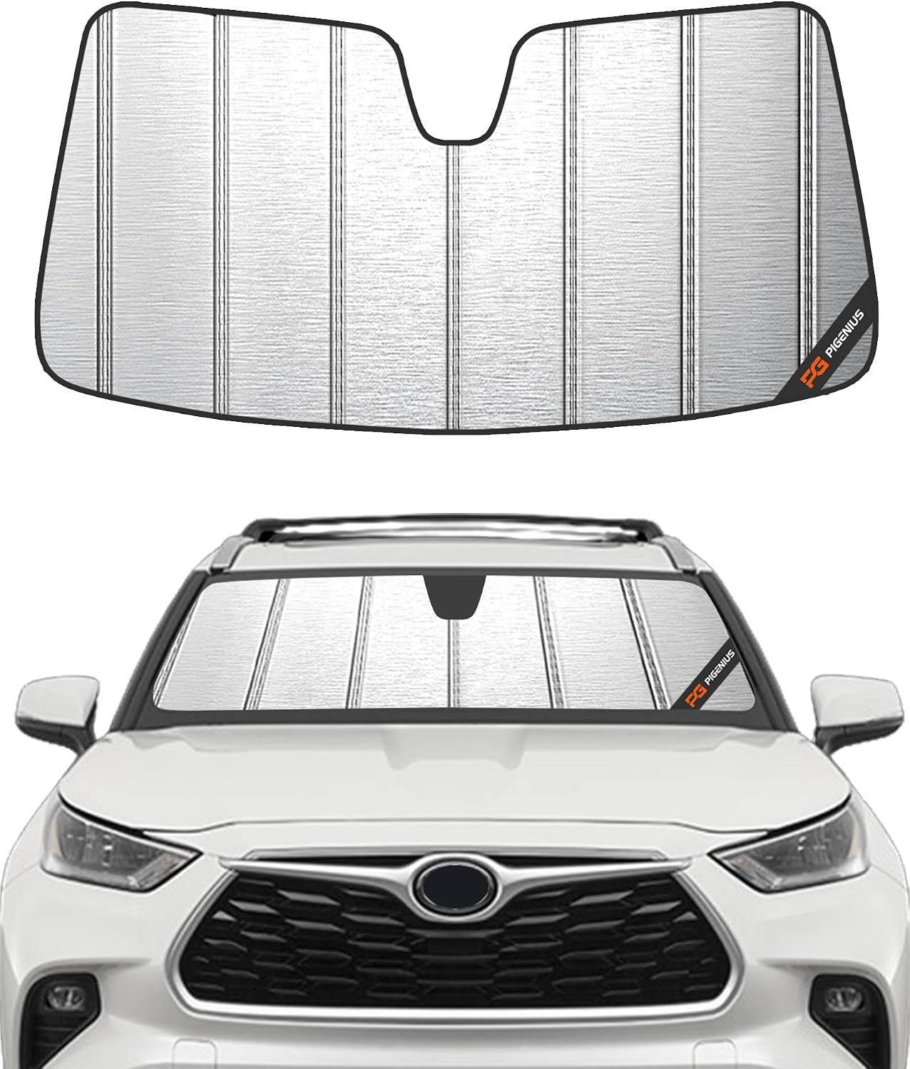 Pigenius Windshield Sun Shade for Toyota Highlander & Highlander Hybrid (Incl. 25th Edition) 2020-2026, NOT for Grand Highlander, Metallic Silver Finish