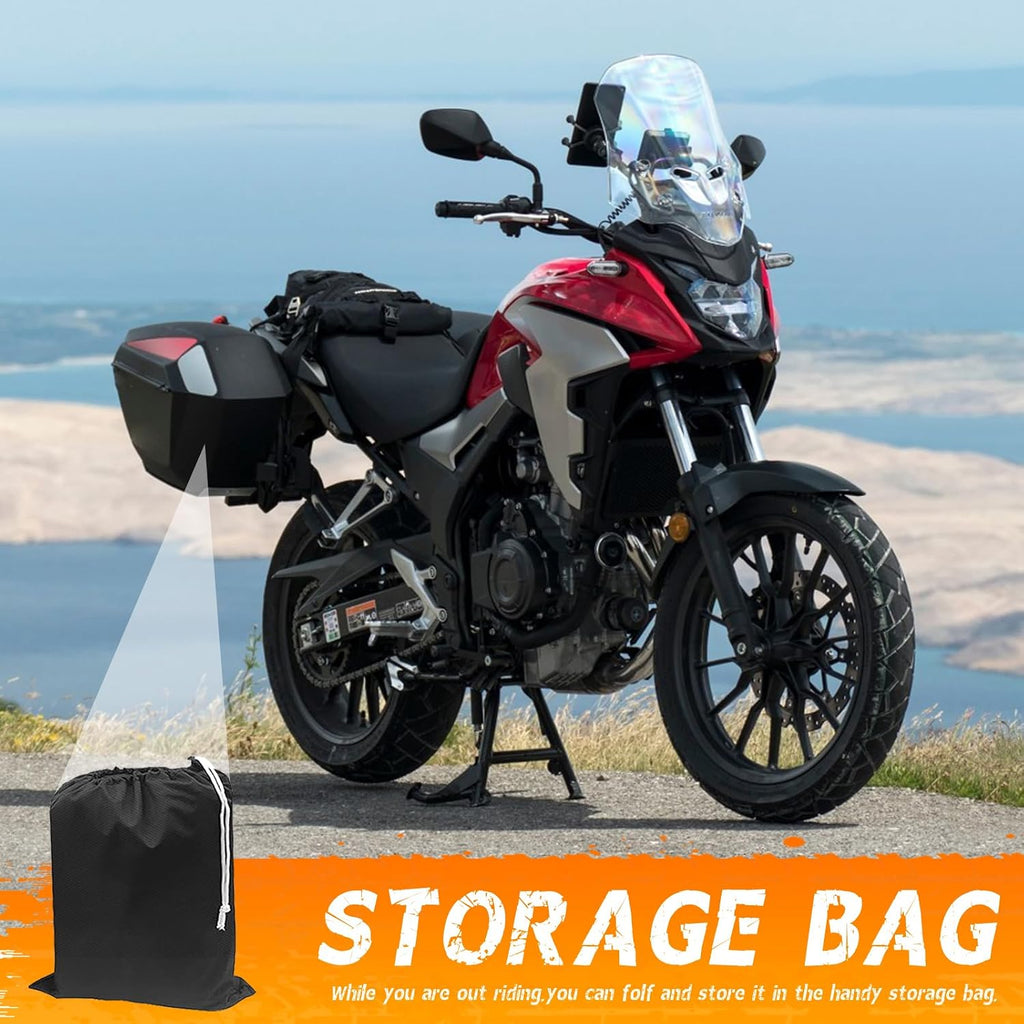 Motorcycle Cover Waterproof All Season Outdoor Protection, Fits up to 116 Inch, Compatible with Cruisers & Touring Models, with Locking Holes & Reflective Strips (Black&Silver)