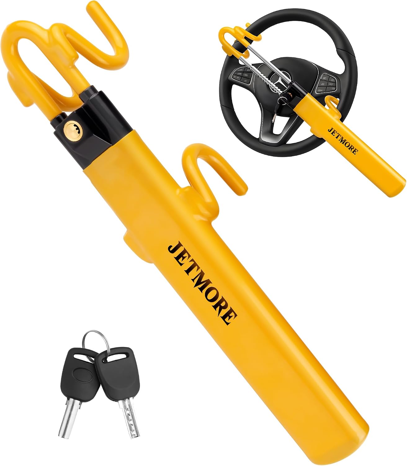 JETMORE Steering Wheel Lock Adjustable Car Anti Theft Device Reinforced Steel Lock with Double Hook Design Car Locks with Keys Heavy Duty Lock for Cars Trucks SUVs Car Accessories Wheel Lock