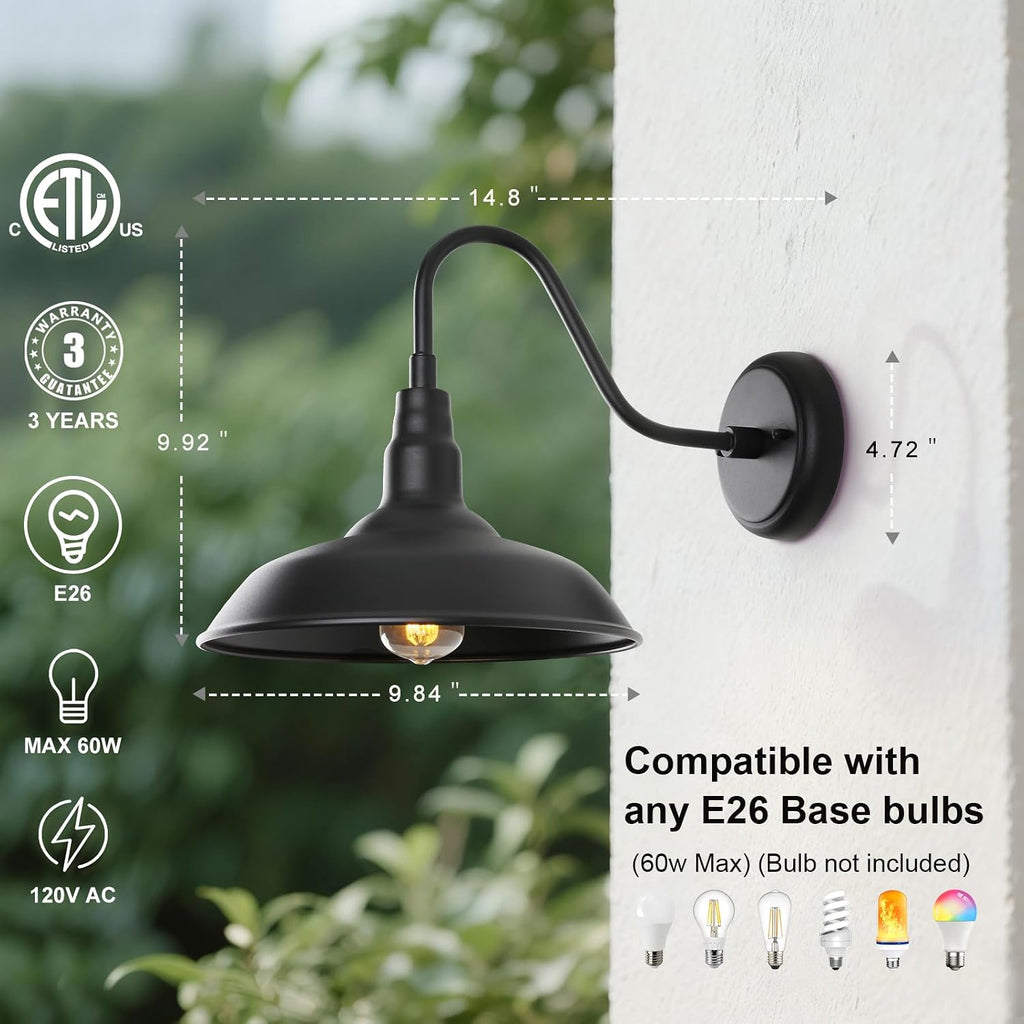 black gooseneck barn light for farmhouse 10 inch showing dimensions