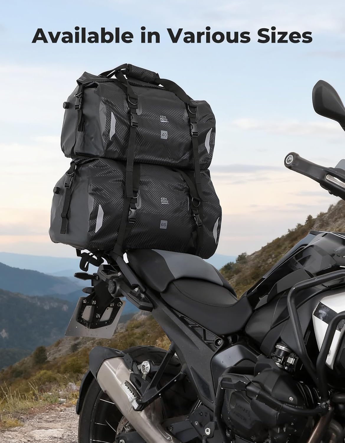 KEMIMOTO Waterproof Motorcycle Dry Bag – Duffle Tail Bag Soft Luggage, 25L/40L/65L Large Capacity with 4 Quick-Release Straps, Dustproof for Touring, Adventure, Motorcycling & Camping Black