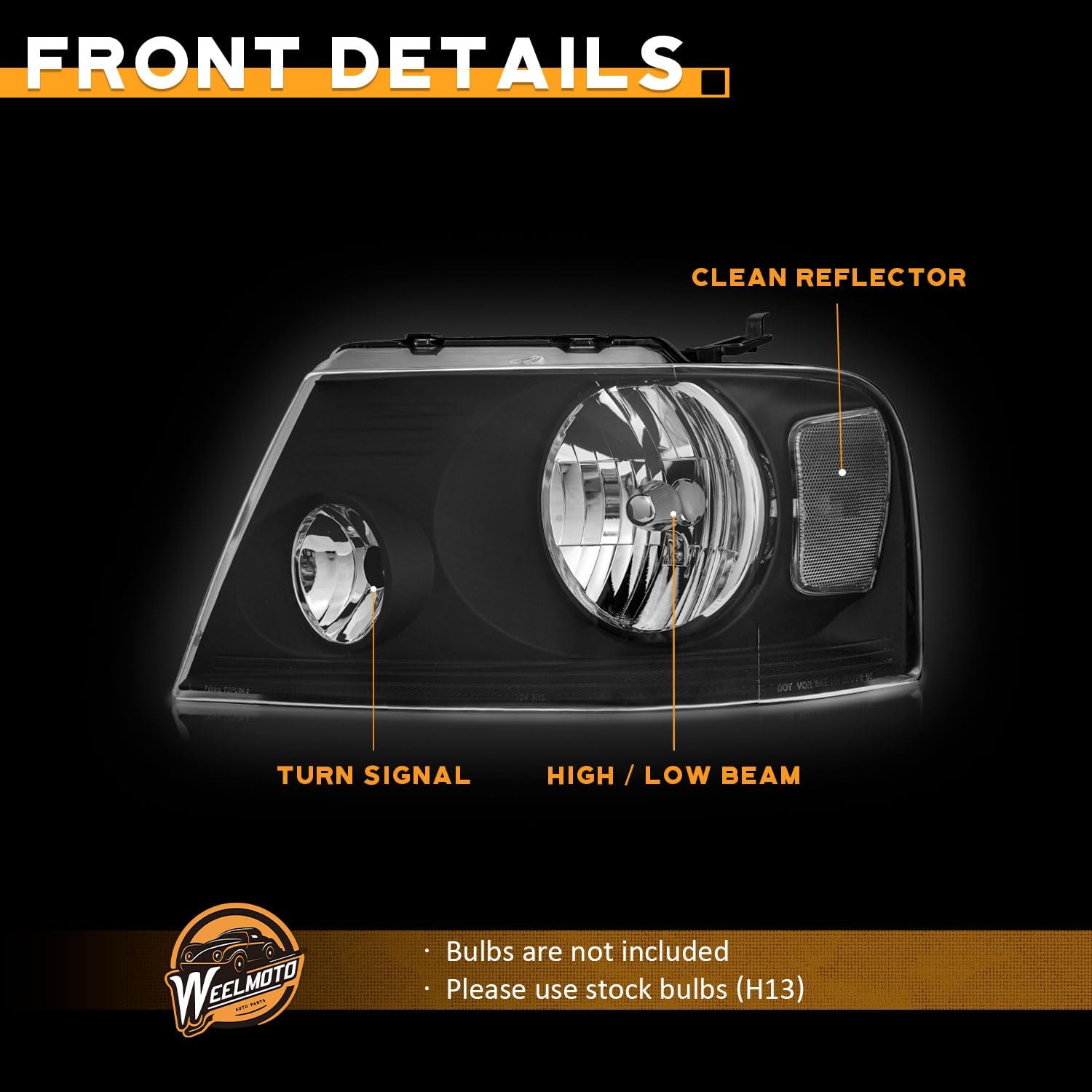WEELMOTO Headlights for 2004-2008 Ford F150 Pickup / 06-08 Mark LT Headlight Assembly Compatible with 2004 2005 2006 2007 2008 F150 Headlamp Replacement Black Housing Clear Reflector