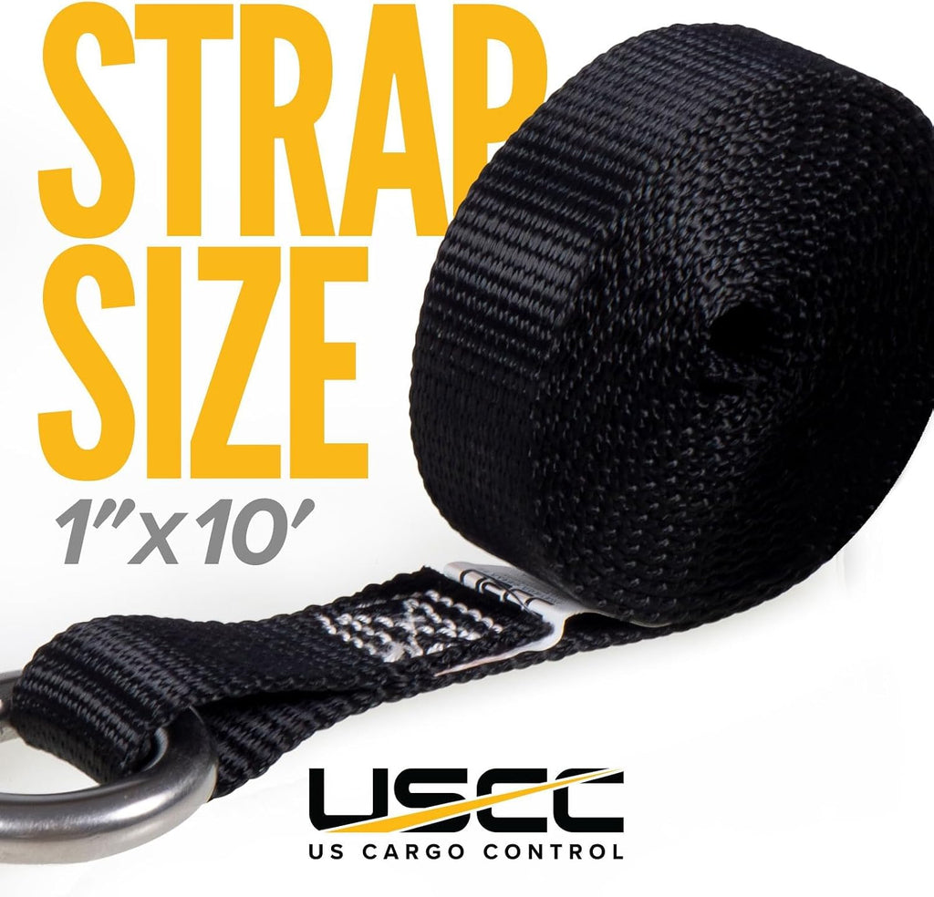 US Cargo Control Stainless Steel Ratchet Straps with Carabiner Hooks 1" X 10' (10 Pack), 500 LBS Break Strength, Marine Tie Down Straps for Boats, ATVs, Trees, Camping, Snow, Saltwater Applications