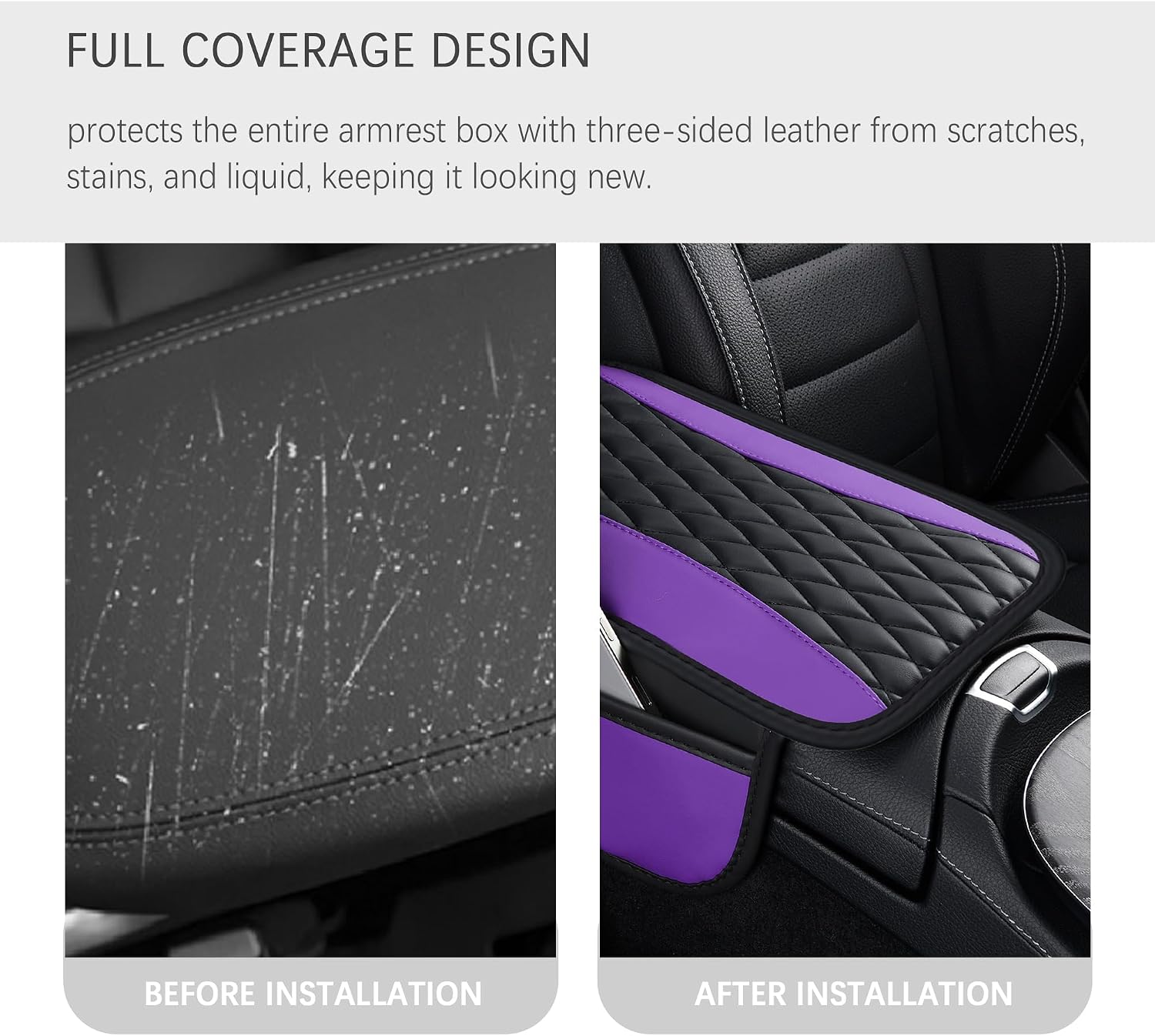 IHOTDER Patchwork Leather Center Console Covers for Cars,Upgraded Arm Rest Cover for Car with Side Storage Pocket for Car Seat Organizer,Middle Console Cover Stylish Car Decoration (Purple)