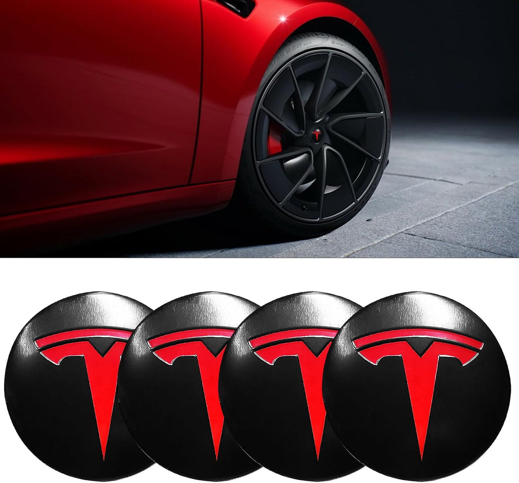 4 Pack Aluminum Waterproof Wheel Cover Center Emblem Sticker for Tesla Model 3 Model Y 56mm Hubcaps Wheel Rim Cover (Matte Black Background+Red Emblem)