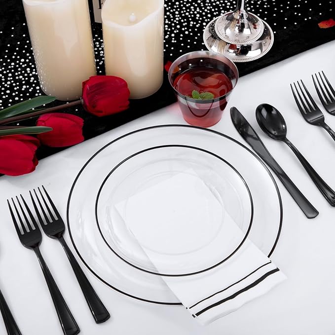 NOCCUR 350PCS Clear and Black Plastic Plates - Disposable Dinnerware Set for ...