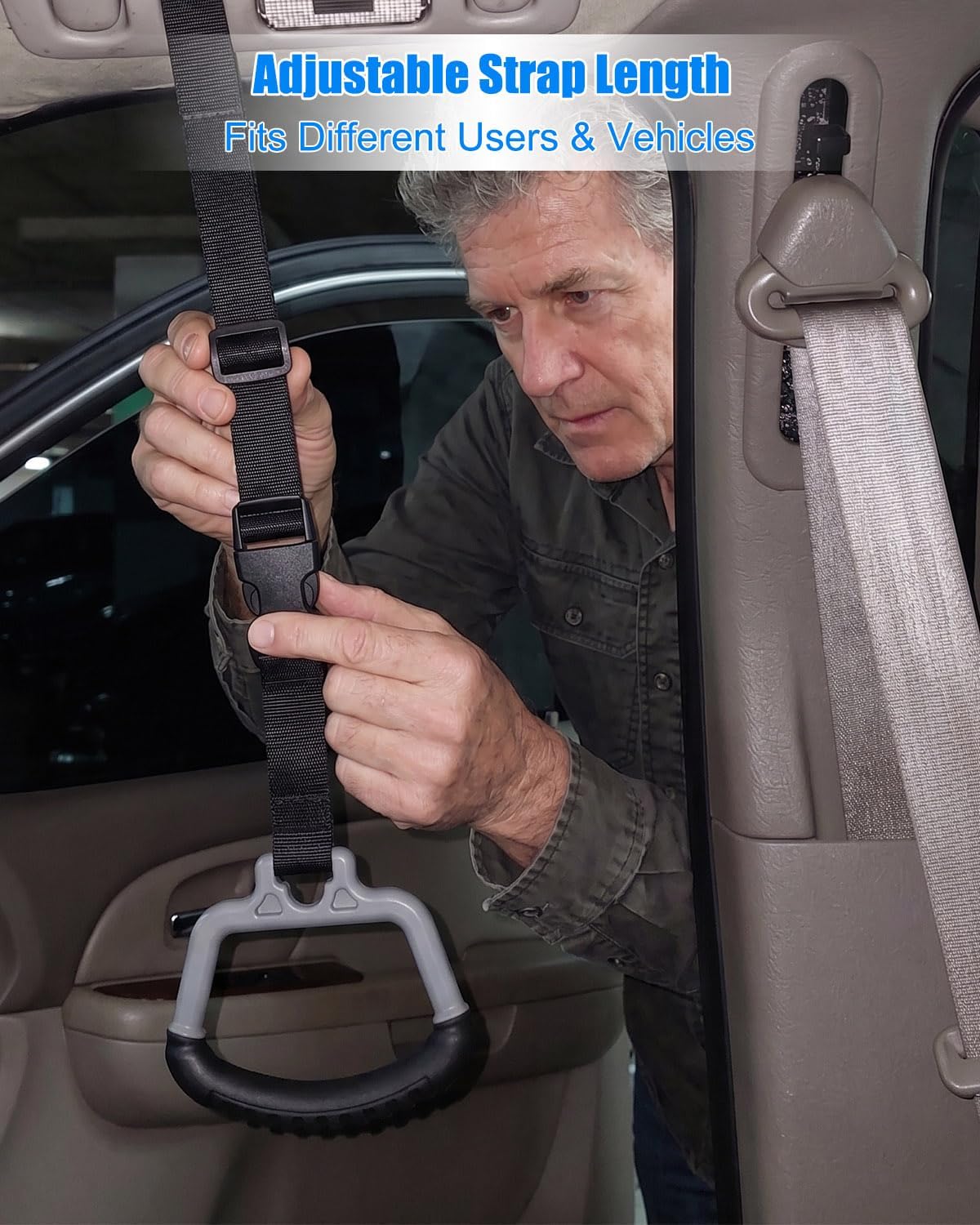 2-in-1 Car Assist Handle Kit, Vehicle Support Grab Bar for Getting in and Out of Car, Adjustable Overhead and Backseat Support Bar with Rubber Grip