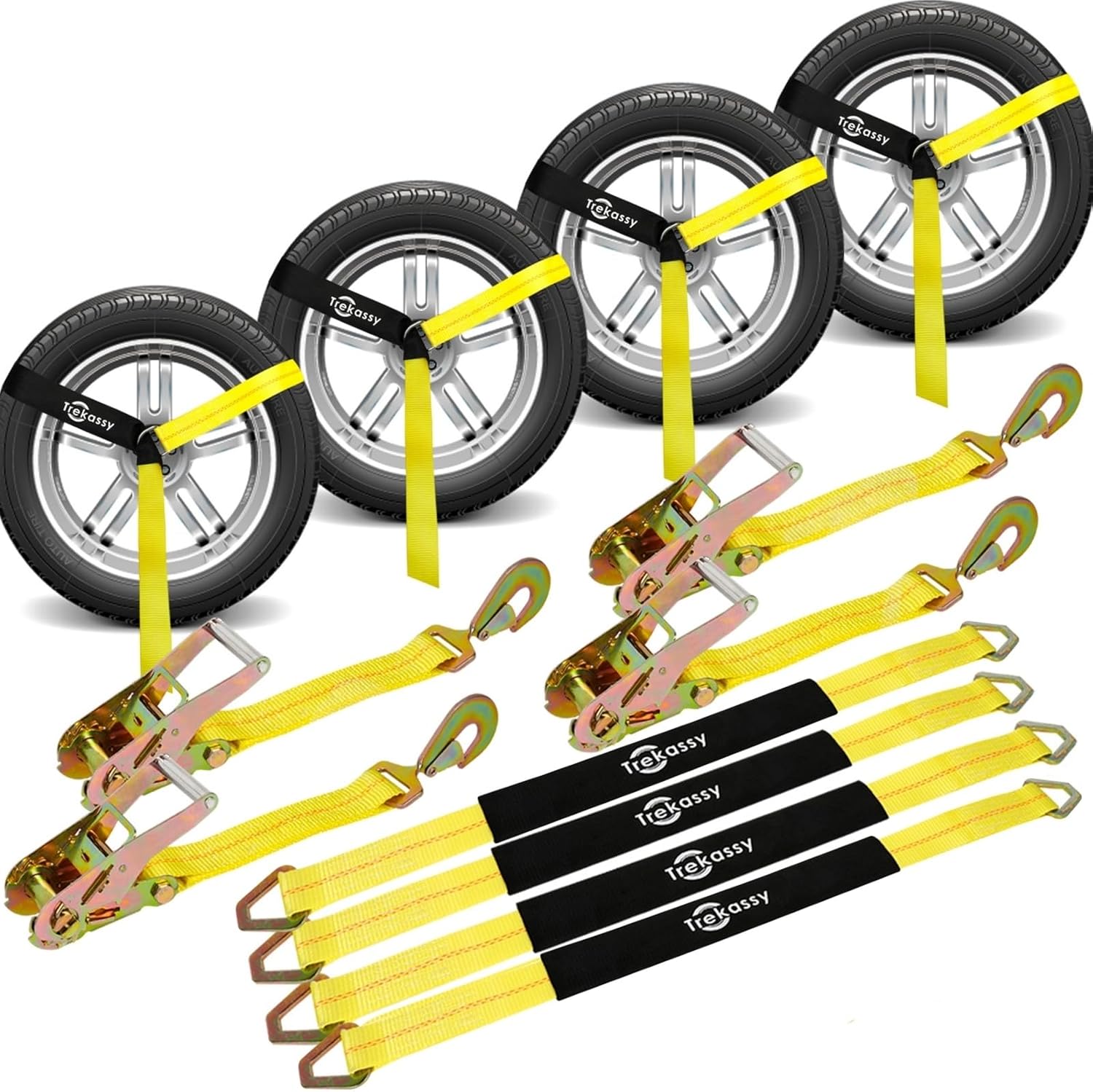Trekassy 2" x 96" Car Tie Down Straps for Trailers, Heavy Duty Tire Tie Downs for ATV/UTV, 10000lbs Break Strength, Include 4 Axle Straps for Different Uses