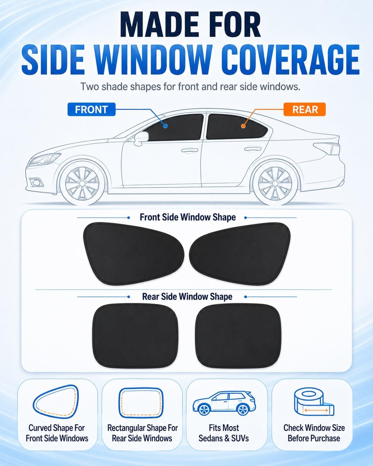 Static Cling Shades for Car Windows, Universal Car Side Window Sun Shades, Foldable Black Gel Electrostatic Sunshades, Front and Rear Static Suction Automobile Blocker(4Pcs Front and Rear)