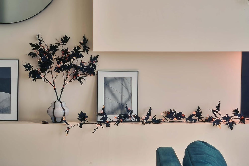 Birchlitland Halloween Black Maple Garland with Lights Timer 48 LED Orange an...