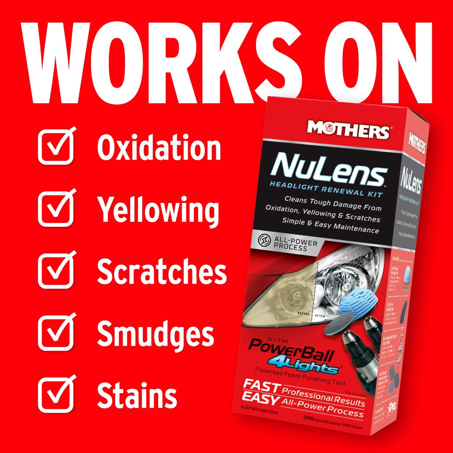 Mothers NuLens Headlight Renewal Kit (07251) | Quickly Restores & Maintains Clarity on All Headlight Types, PowerPlastic 4Lights Polish, Oxidation-Inhibiting Polymers