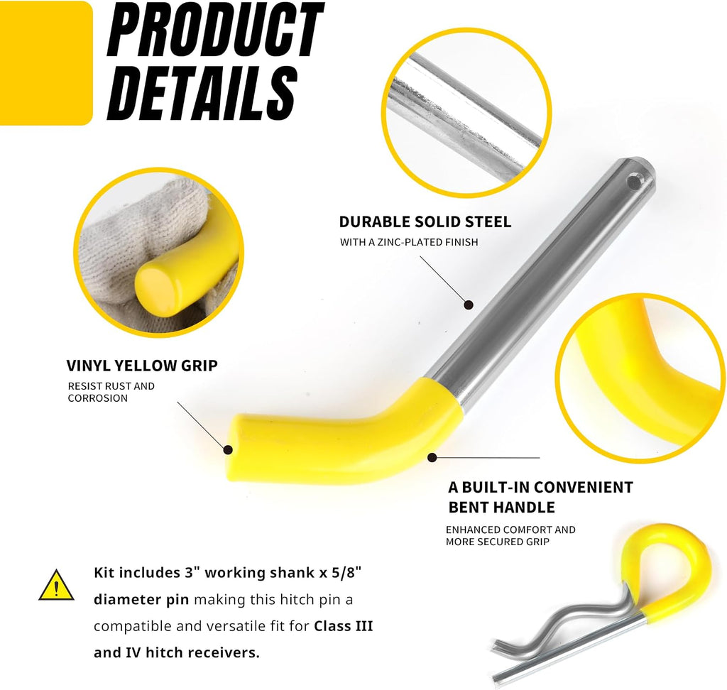 MaxxHaul 50565 3 Pack Trailer Hitch Pin & Clip with Rubber-Coated Vinyl Yellow Grip, 5/8" Diameter, Fits 2" Receiver