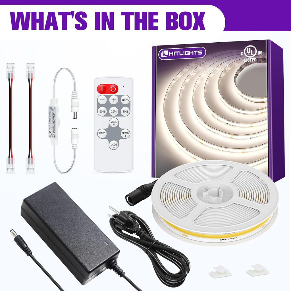 hitlights cob led strip lights kit white 4000k on a desk or shelf