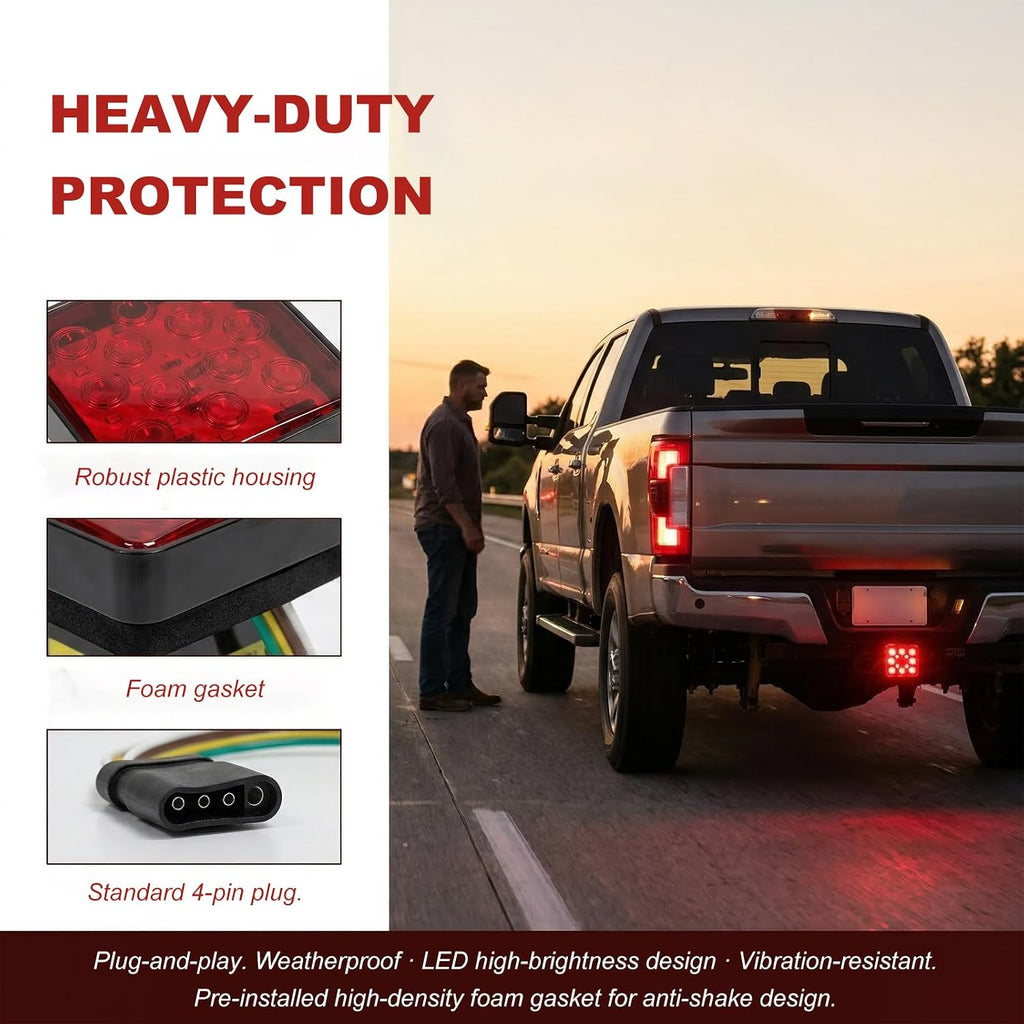 Trailer Hitch Light, 12V 12 LED Bright Smoked Lens Brake Light Tow Hitch Lamp Fits 2" Receiver, Waterproof Square Brake Tail Lights for Sedans Towing Trucks SUVs RVs