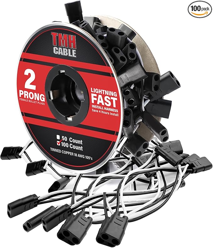 TMH 100 Count 2-Prong Wire Harness Roll Double Female Bullet Plug 18 Gauge by TMH