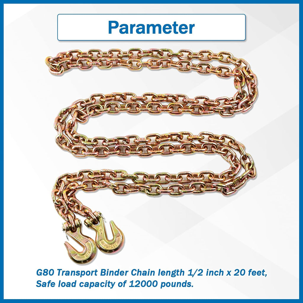 1/2 Inch x 20 Feet Transport Binder Chain G80 Safey Tow Chain with Grab Hooks 12000 Lbs Safe Work Load for Transporting Towing Tie Down Binding Equipment