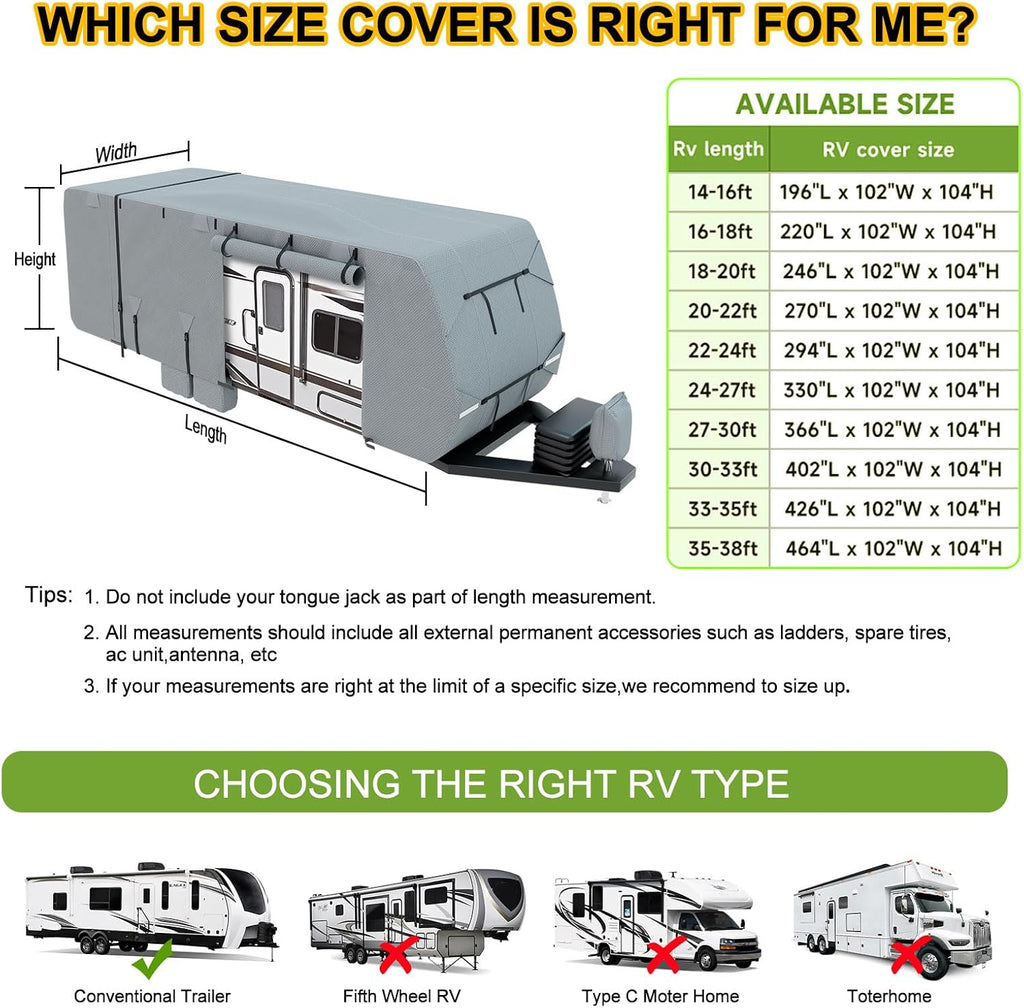 RV Cover 22-24ft, Travel Trailer Heavy Duty Extra-Thick 8 Layers Anti-UV Waterproof Windproof Camper Cover with Tongue Jack Cover, Extra Windproof Ropes, Gutter Covers