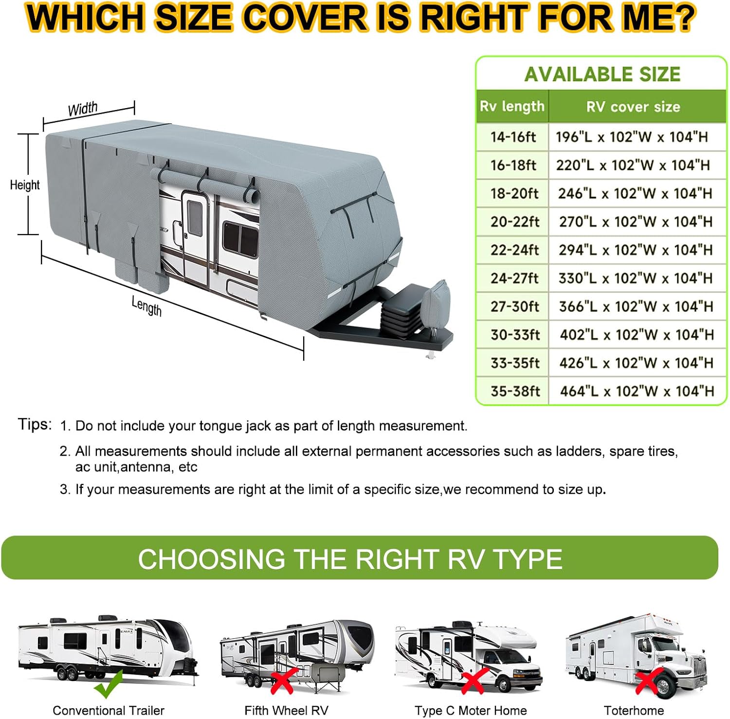 RV Cover 22-24ft, Travel Trailer Heavy Duty Extra-Thick 8 Layers Anti-UV Waterproof Windproof Camper Cover with Tongue Jack Cover, Extra Windproof Ropes, Gutter Covers