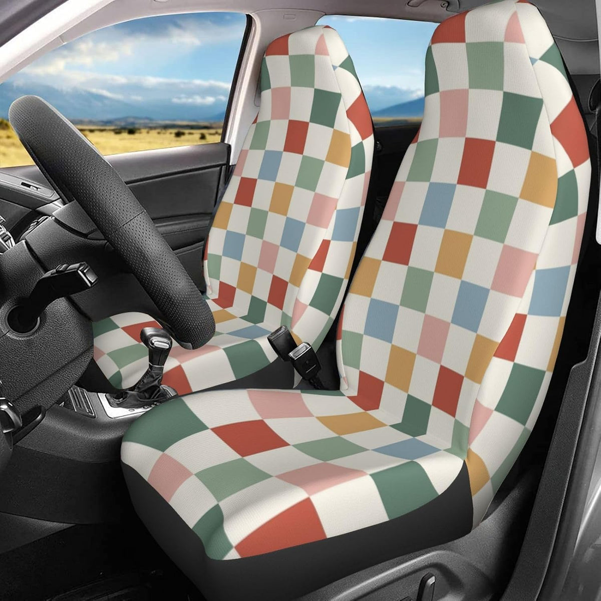 rainbow checkerboard retro car seat covers universal 2 on a desk or shelf