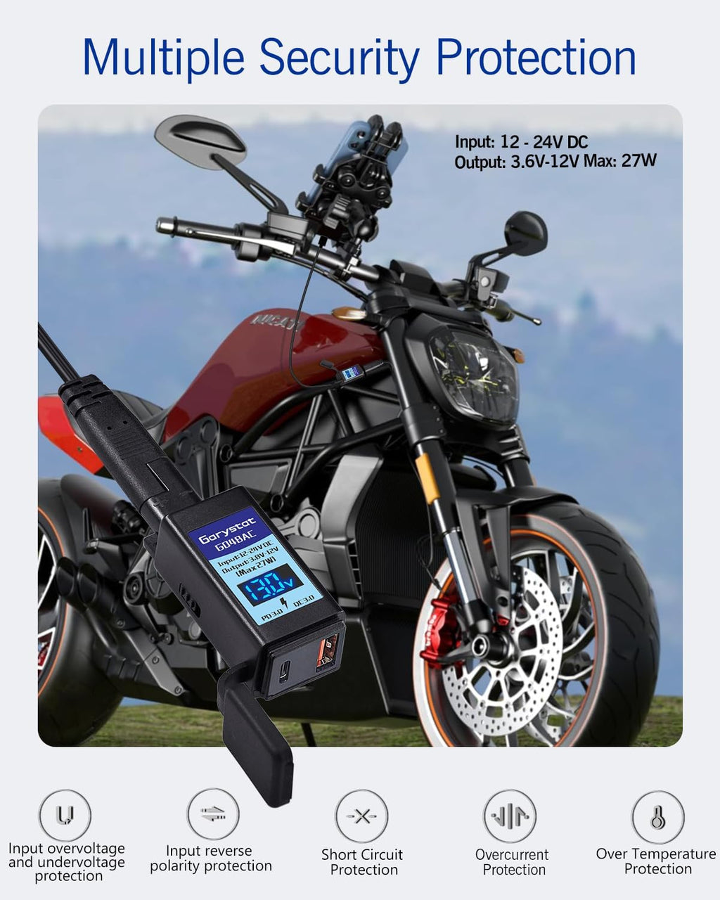 Garystat Motorcycle USB-C Charger, SAE to USB Adapter, 27W Dual Port USB Fast Charger with Voltmeter/Ammeter & ON/Off Switch, Perfect for Charging Phone, Tablet, GPS etc