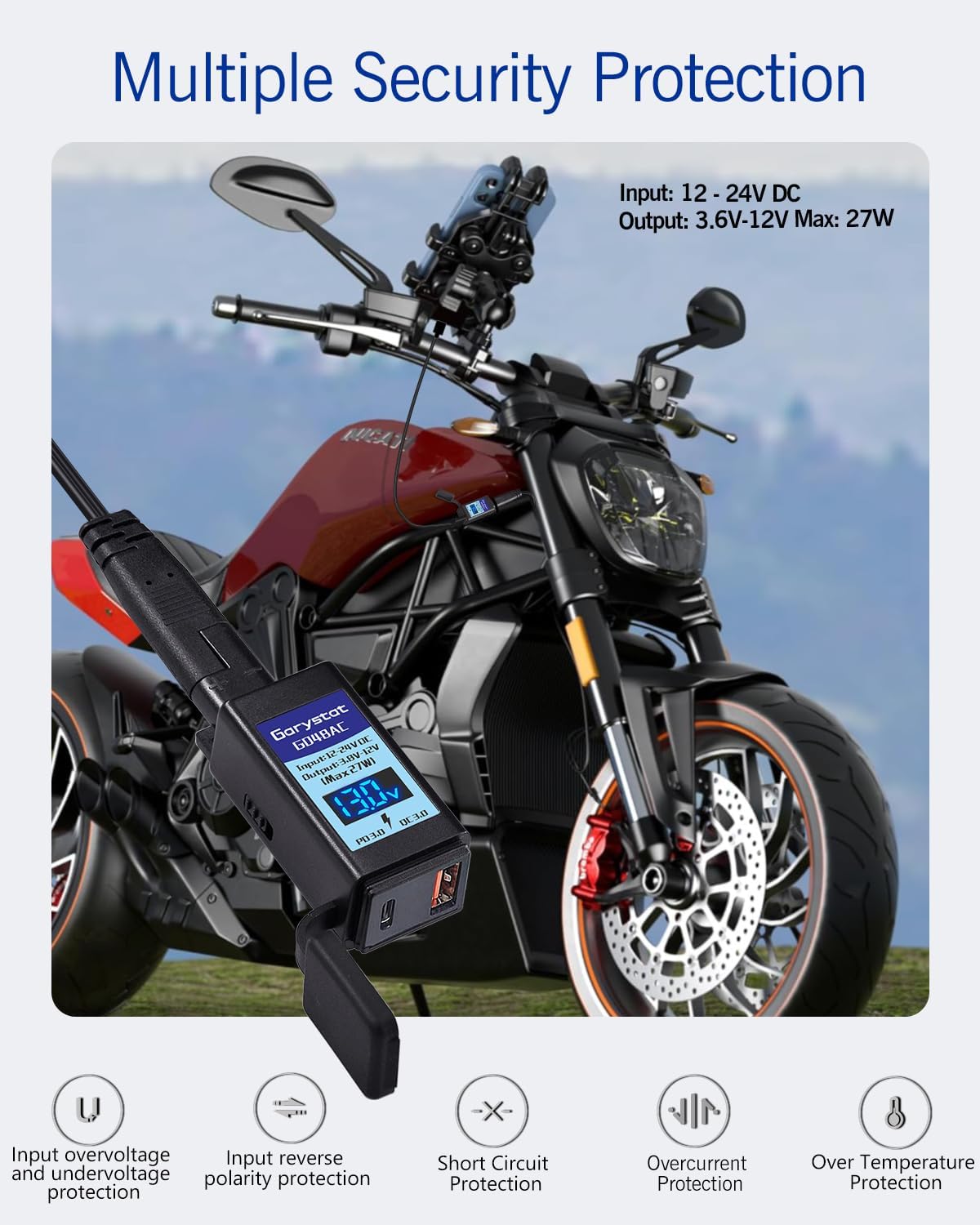 Garystat Motorcycle USB-C Charger, SAE to USB Adapter, 27W Dual Port USB Fast Charger with Voltmeter/Ammeter & ON/Off Switch, Perfect for Charging Phone, Tablet, GPS etc