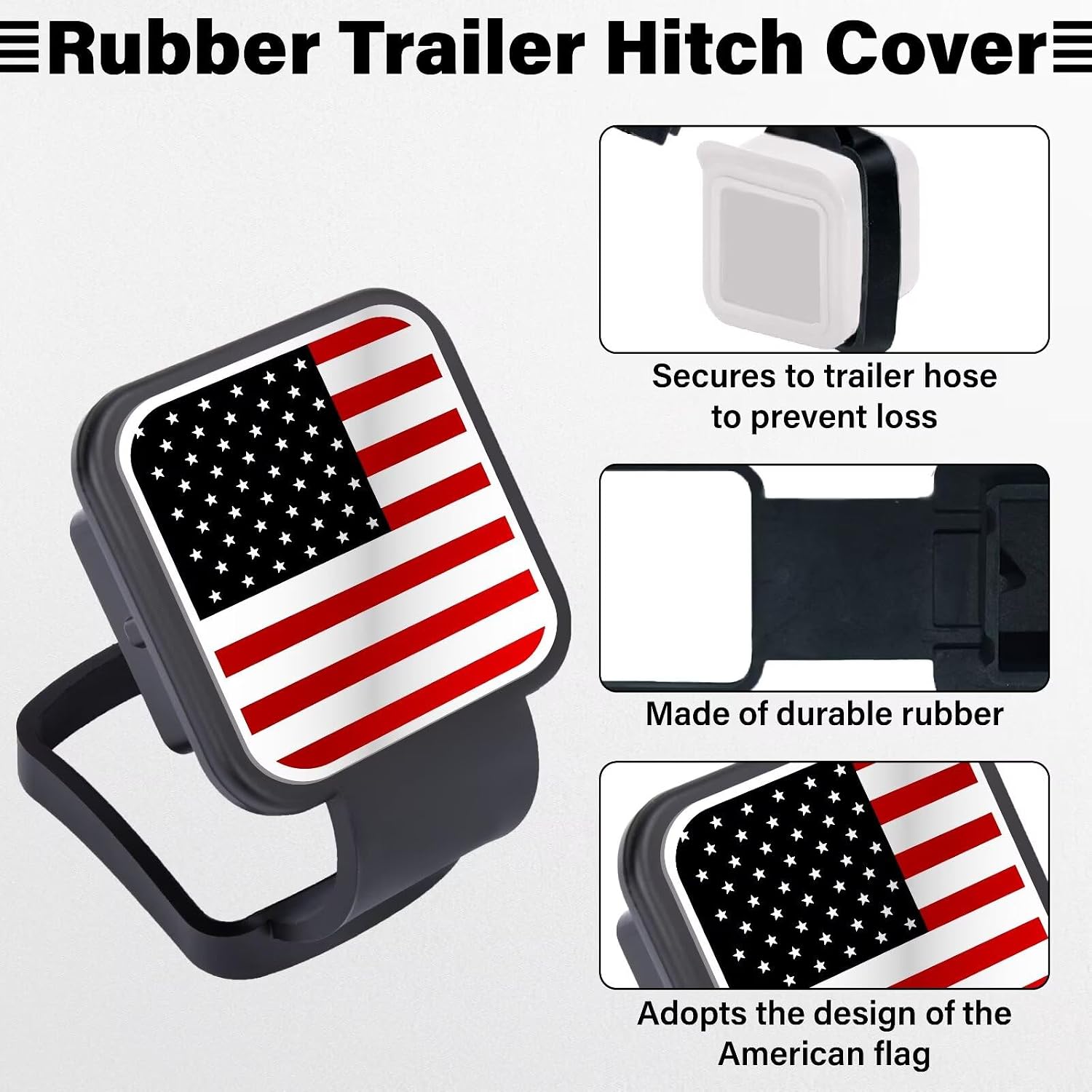 2 Inch Rubber Trailer Hitch Cover, Durable Tow Hitch Covers with American Flag, Car Exterior Accessories Fits for 2 Inches Hitch Receivers, Hitch Cover Tube Plug Cap for Trucks(Silver&Red Line)