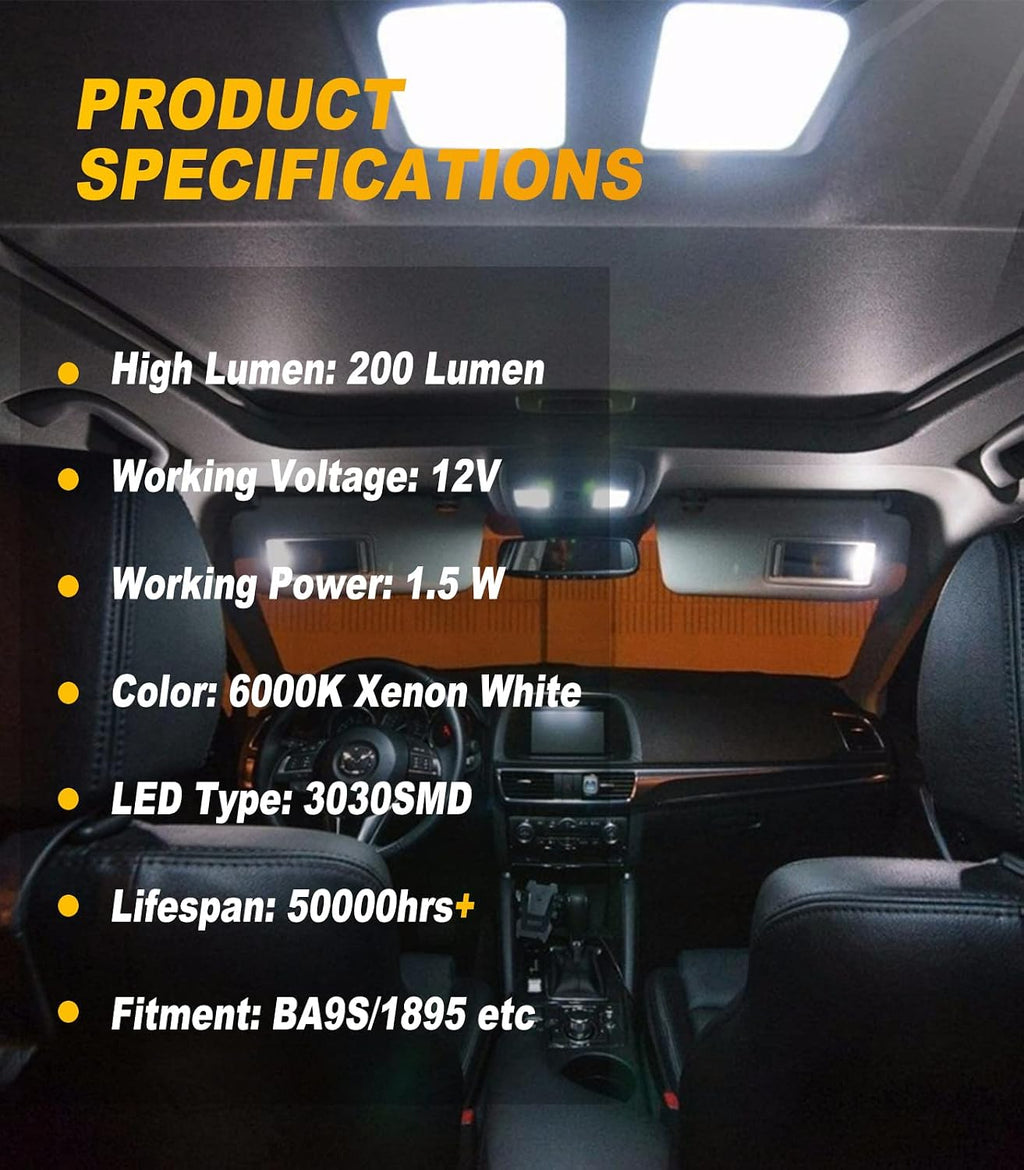 Serundo Auto BA9S Led Car Bulb BA9 1895 1891 53 57 Led Car Bulb, 2SMD 3030Chips 6000K White 47830 64111 3893 LED bulbs for Car Interior Dome Map License Plate Glove Box Light etc, Pack of 10pcs