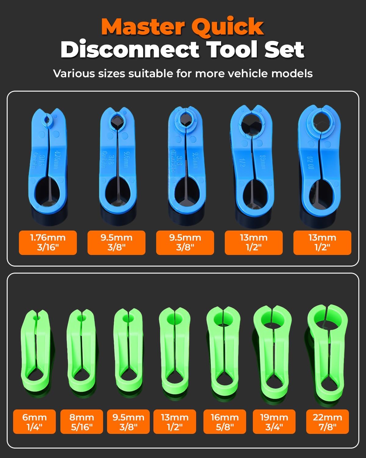 45 piece fuel line disconnect tool set showing dimensions