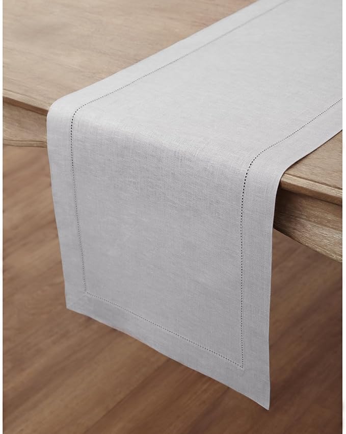 Solino Home Linen Soft Grey Table Runner 48 Inches - Classic Hemstitch, 100% ...