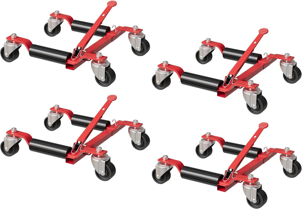 Wheel Dolly Jack 2-Pack, 3000 LBS Capacity Heavy Duty Steel Car Dollies with Ratcheting Foot Pedal, Mechanical Vehicle Positioning Tire Jack for Car, Truck, Trailer, Garage (Red)