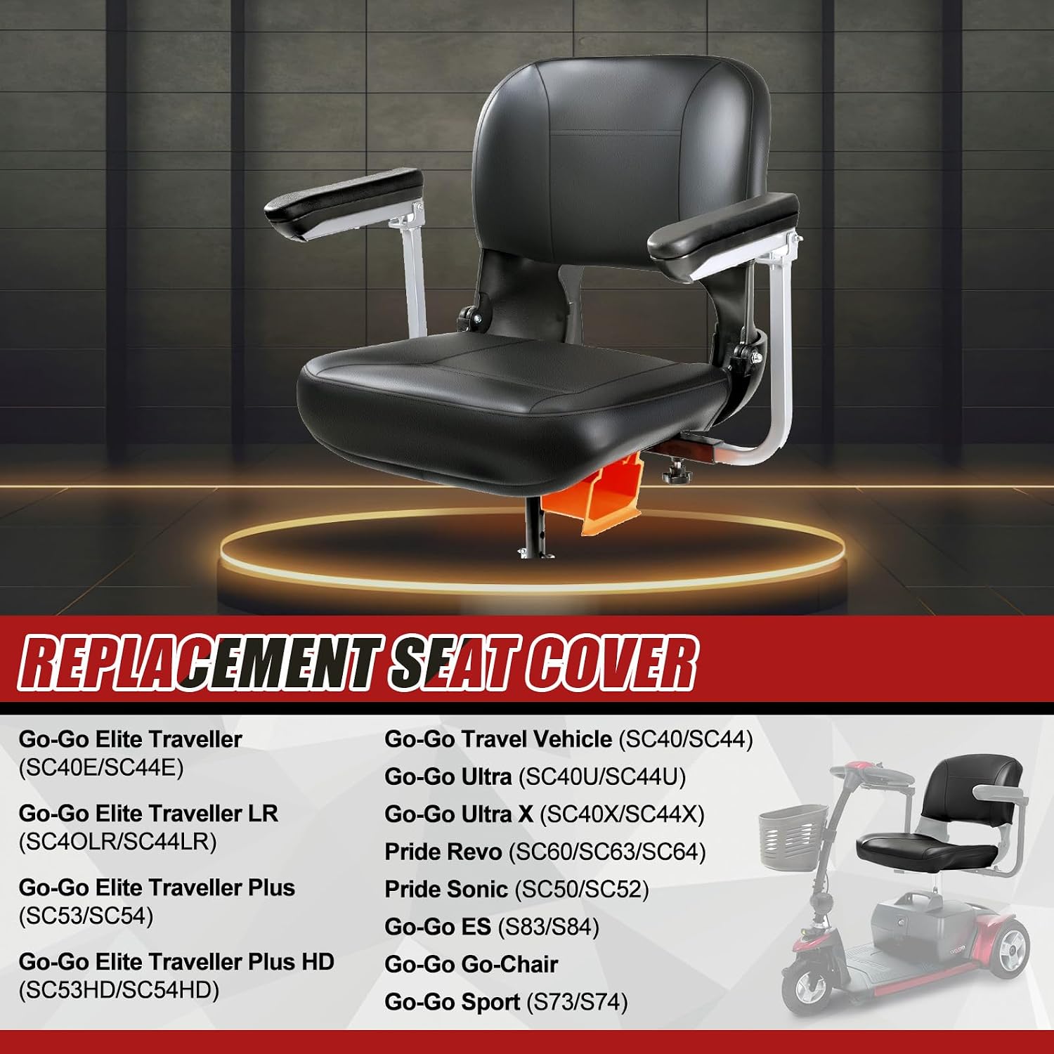 Mobility Scooter Seat Cover Replacement for Pride Go-Go Elite Traveller, Durable PU Leather, Waterproof, Soft, Scratch Resistant, Easy Install