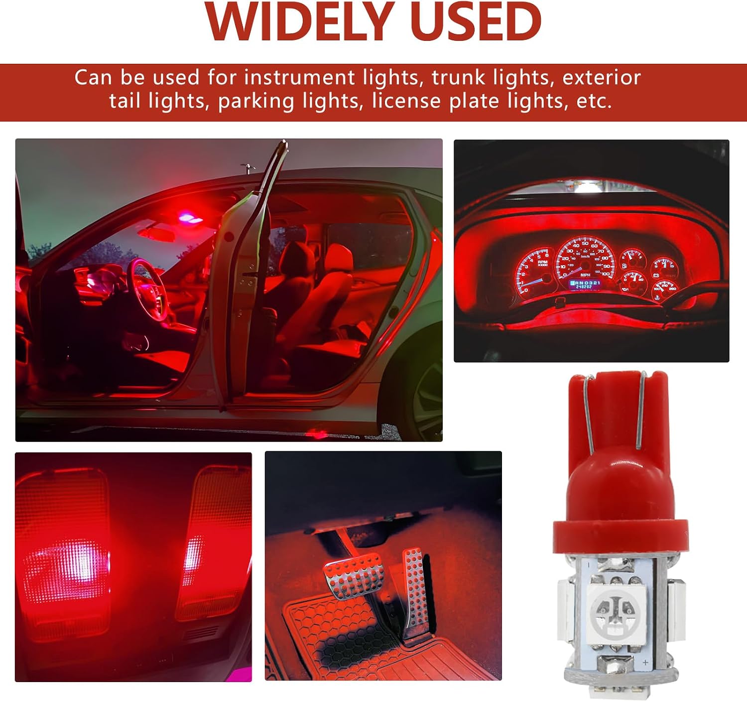 wuyaoyao 10PCS 194 LED Light Bulb, 6000K T10 168 W5W 2825 5SMD 5050 Chips LED Replacement Bulbs, 12V Wedge LED Light Bulb for Car Dome Interior Map Door Courtesy License Plate Lights (Red)