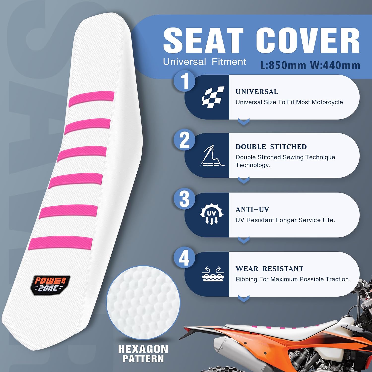 Universal White Dirt Bike Seat Cover, 6 Ribs Motorcycle Enduro Soft Dirt Pit Bike Seat Covers (Pink)