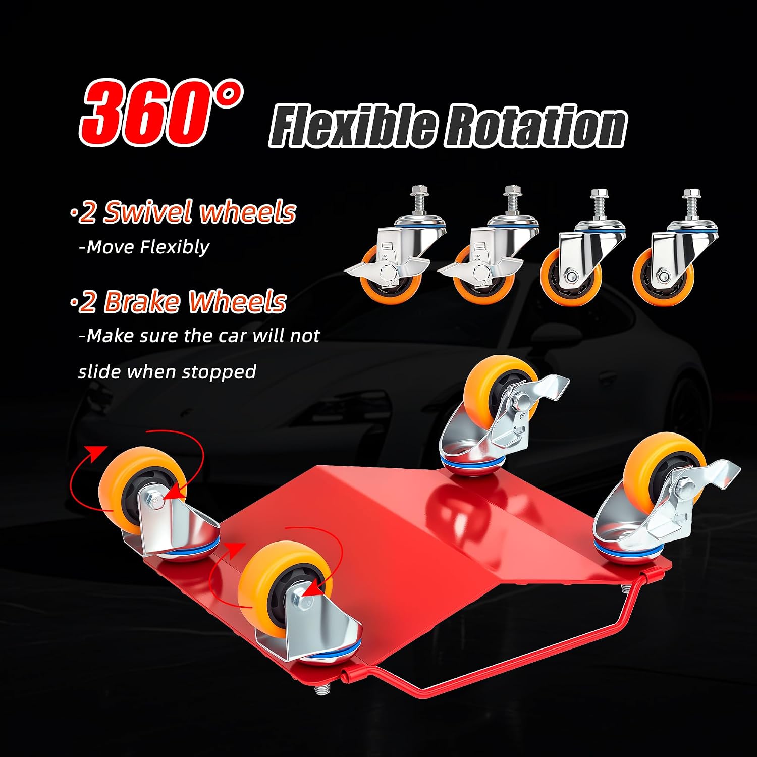 Steel Tire Wheel Dolly Set of 4 with Anti-Skid Plate, 360° Swivel Casters, Red, 5500 lbs Capacity