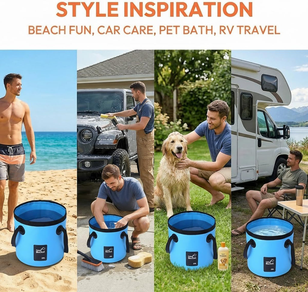 Collapsible Car Bucket with Handle, Foldable 5 Gallon Multifunction Vehicle Water Storage Container, Automotive Washing Folding Bucket, Universal for SUV Automobile Truck (Blue)