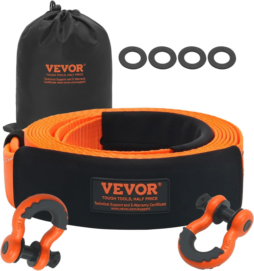 VEVOR Heavy Duty Tow Strap Recovery Kit 3" x 20 ft (MBS-36,000 lbs) Tree Saver Winch Strap, Triple Reinforced Loop & Protective Sleeves & Storage Bag, 3/4" D-Ring Shackles, for Truck Jeep SUV ATV