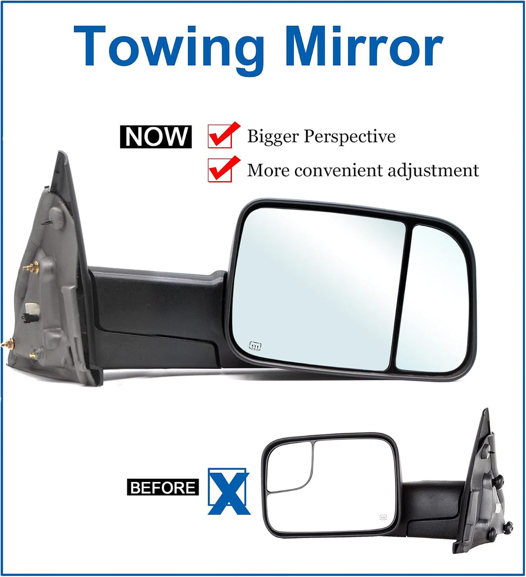 Towing Mirrors fit for 02-08 Dodge Ram 1500, 03-09 Dodge Ram 2500 3500 | Power Heated Turn Signal Puddle Light Manual Folding